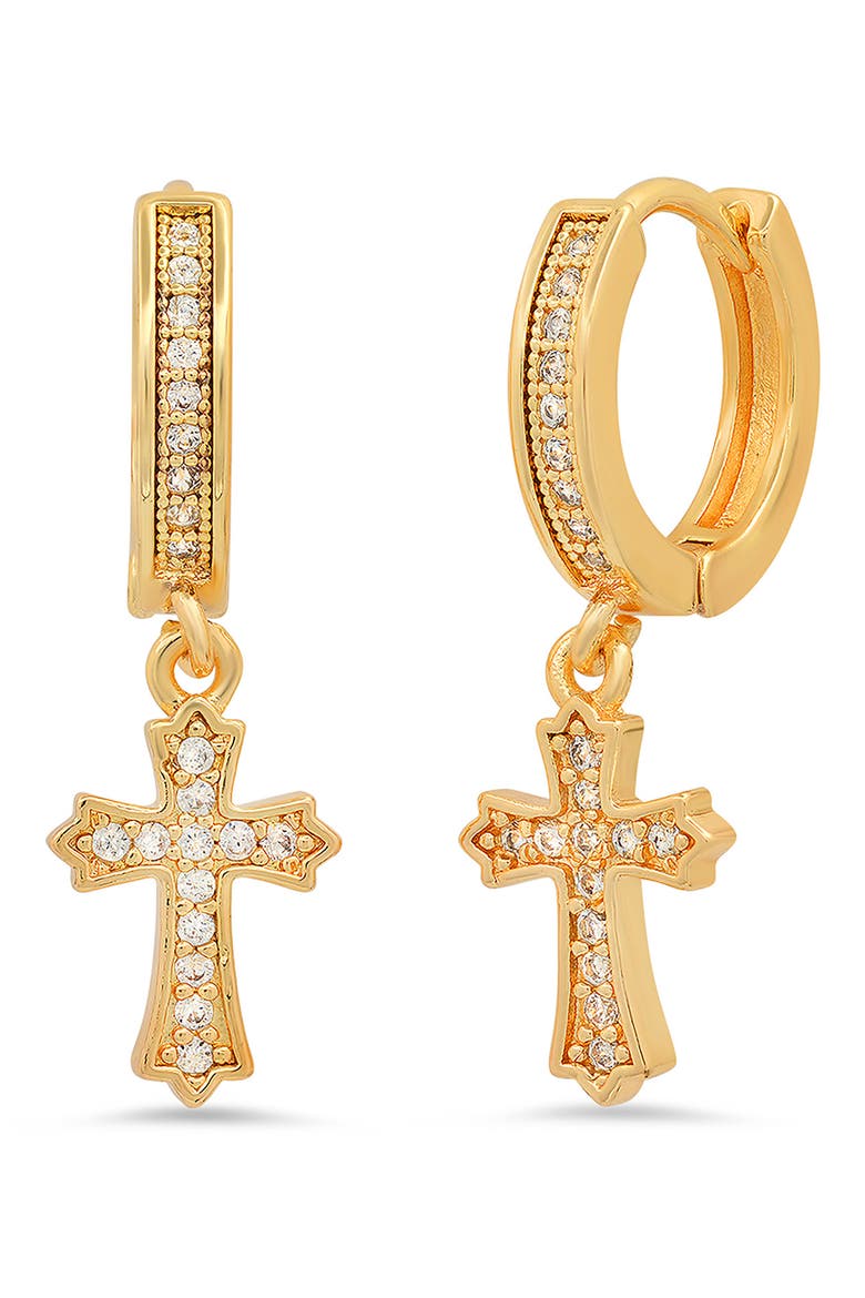 18K Gold Plated Crystal Cross Hoop Earrings, Main, color, YELLOW