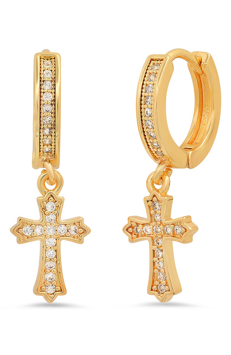 STEELTIME 18K Gold Plated Crystal Cross Hoop Earrings, Main, color, Yellow