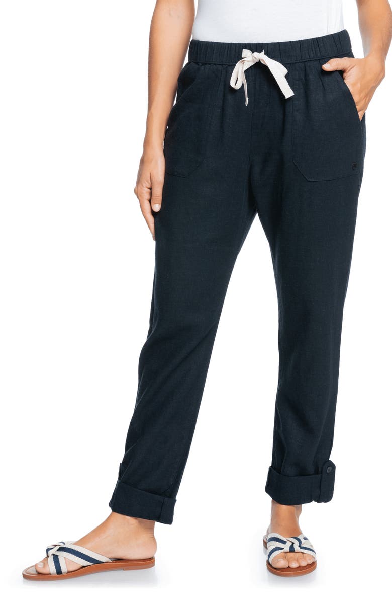 Roxy On the Seashore Tie Waist Linen Blend Pants, Main, color, Anthracite Solid