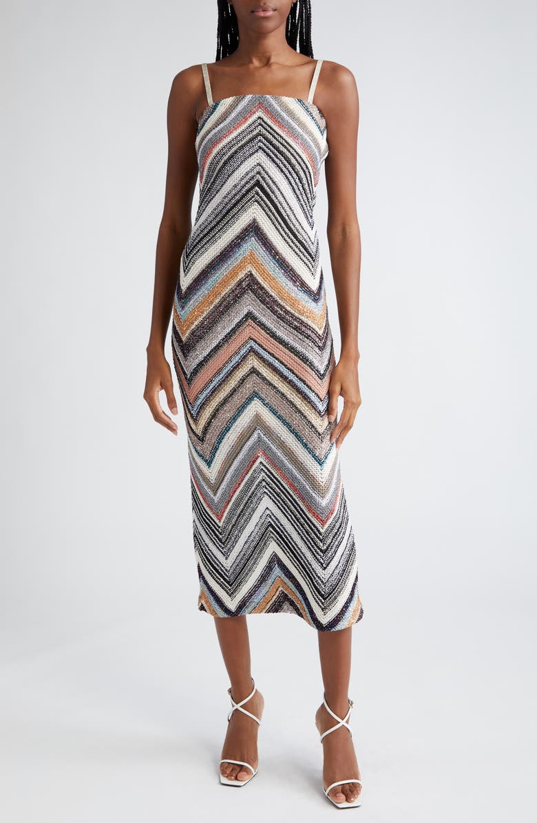 Missoni Sequin Chevron Stripe Sleeveless Midi Dress, Main, color, 