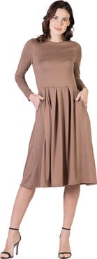24seven Comfort Apparel Midi Length Fit N Flare Pocket Dress