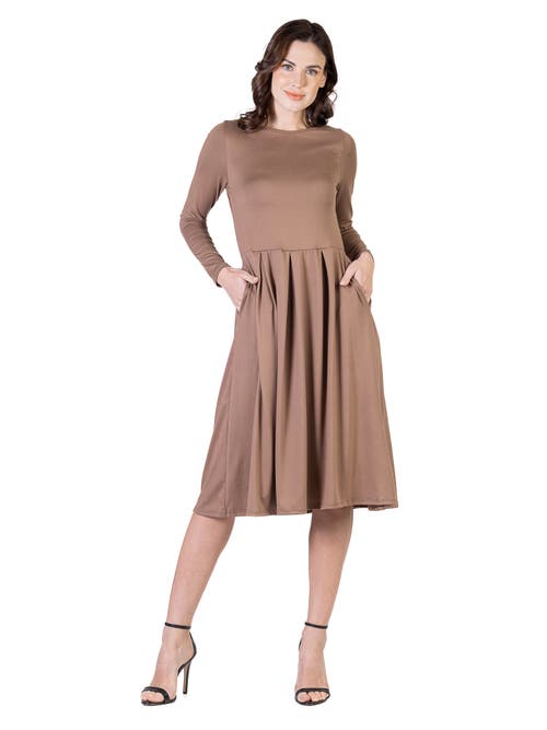 24seven Comfort Apparel Midi Length Fit N Flare Pocket Dress In Beige