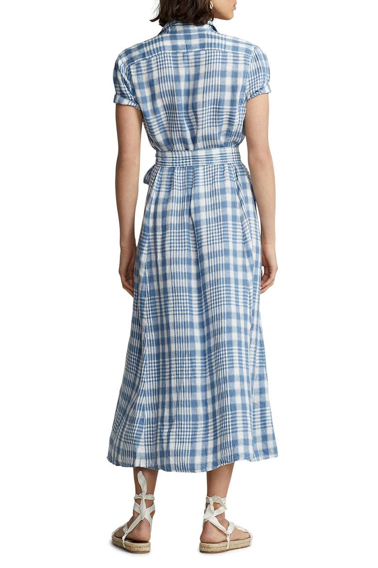 Plaid Short Sleeve Linen Midi Dress, Alternate, color, LIGHT BLUE/ WHITE PLAID