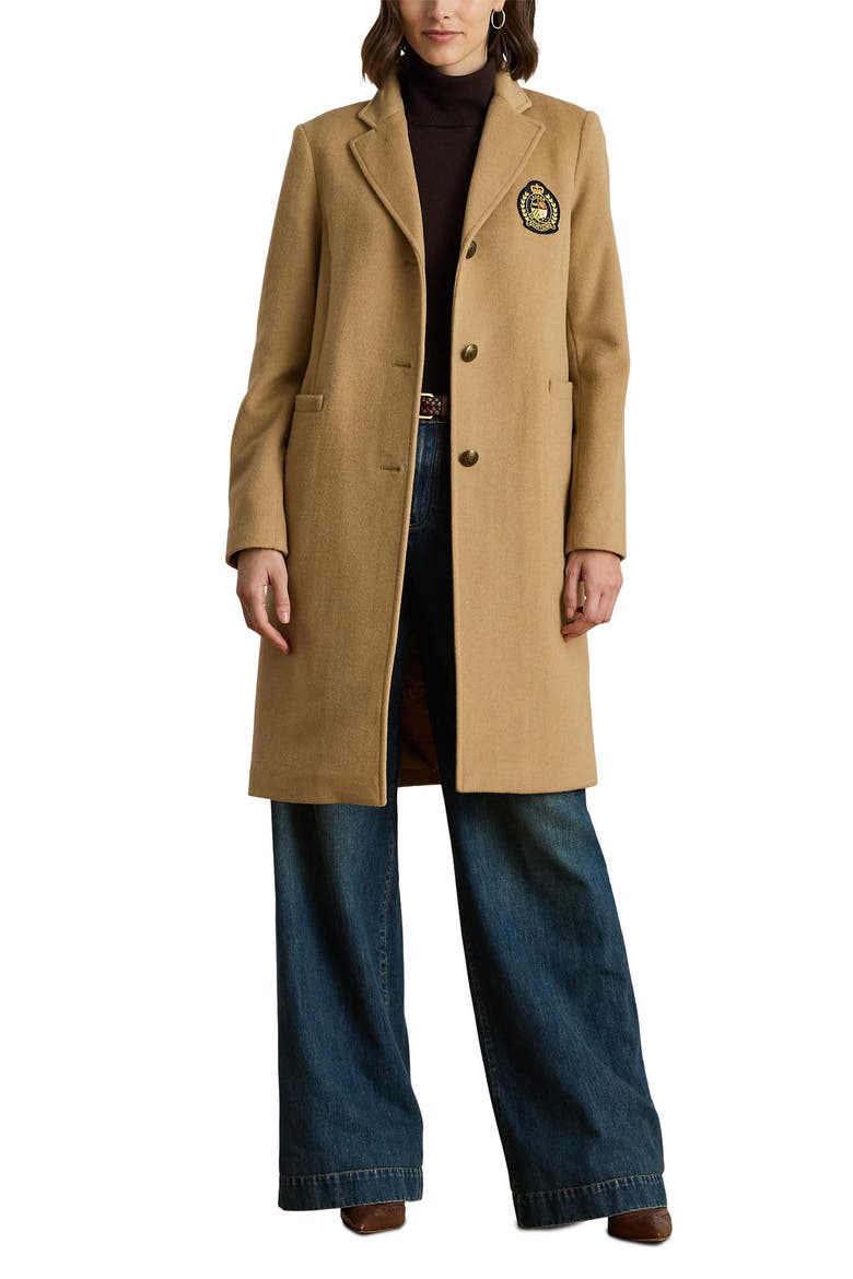 Logo Patch Wool Blend Jacket, Main, color, CAMEL