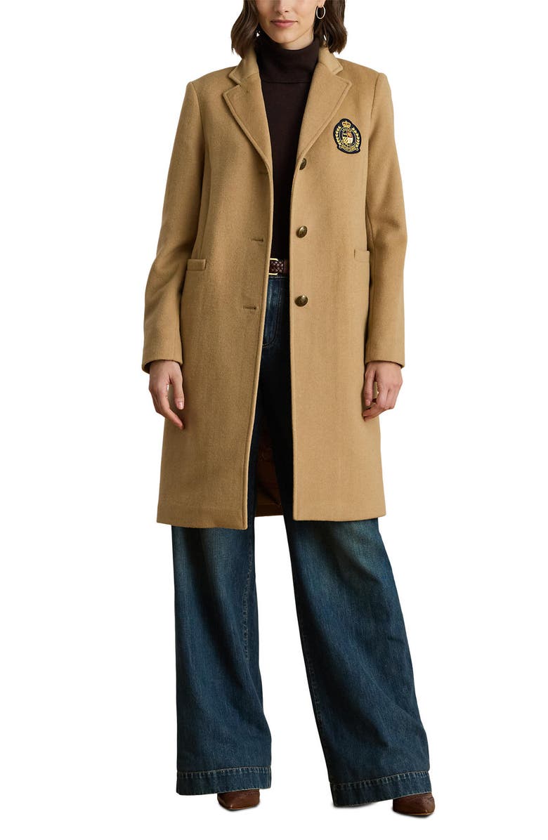 Lauren Ralph Lauren Logo Patch Wool Blend Jacket, Main, color, Camel