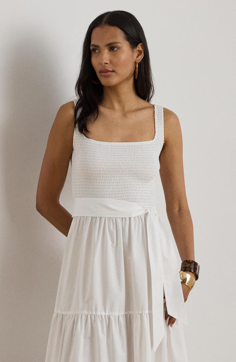 Lauren Ralph Lauren Smocked Bodice Sleeveless Tiered Midi Dress, Alternate, color, White
