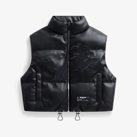 Women's  Black Detroit Lions Faux Leather Cropped Puffer Vest