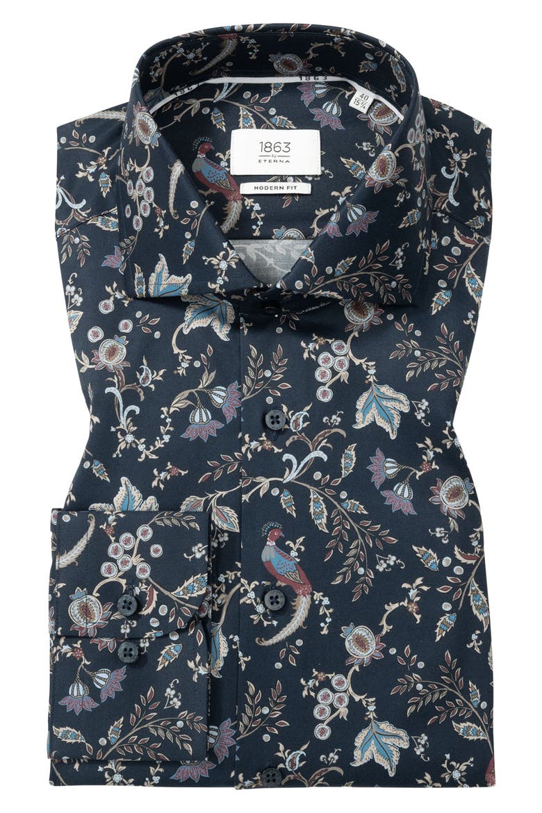 Modern Fit Floral Non-Iron Cotton Twill Dress Shirt, Alternate, color, DARK BLUE