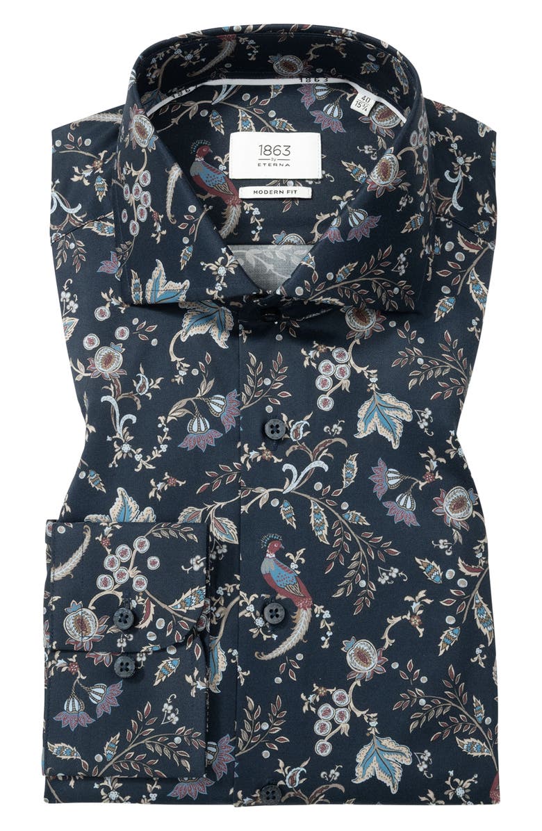 1863 by Eterna Modern Fit Floral Non-Iron Cotton Twill Dress Shirt, Alternate, color, Dark Blue