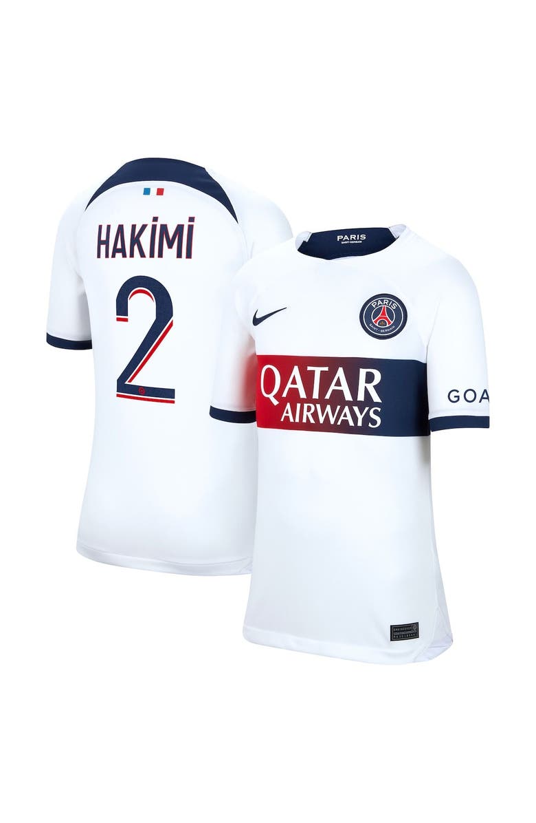 Nike Youth Nike Achraf Hakimi White Paris Saint-Germain 2023/24 Away Stadium Replica Player Jersey, Alternate, color, 