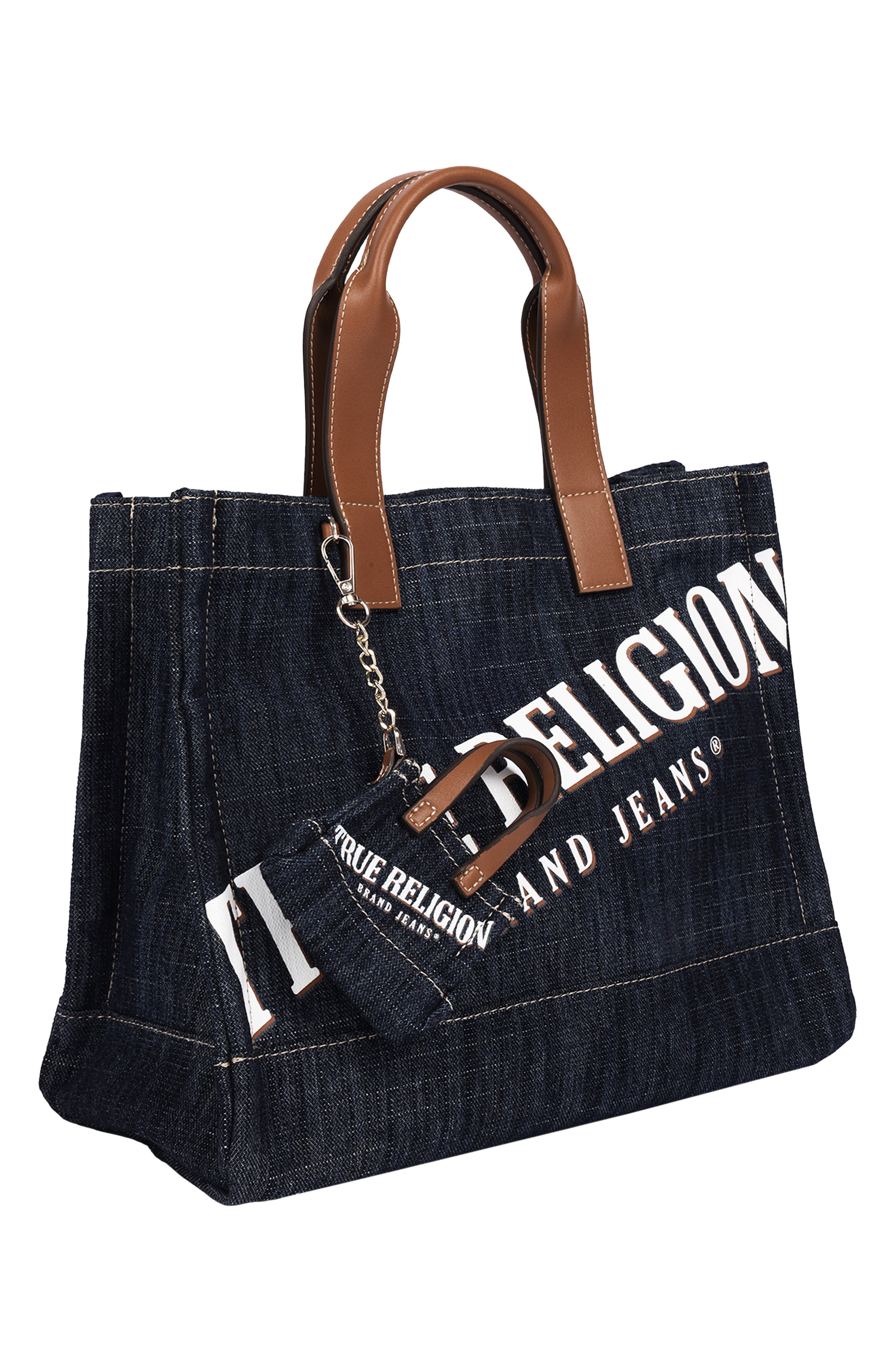 Medium Logo Denim Tote, Alternate, color, DARK DENIM