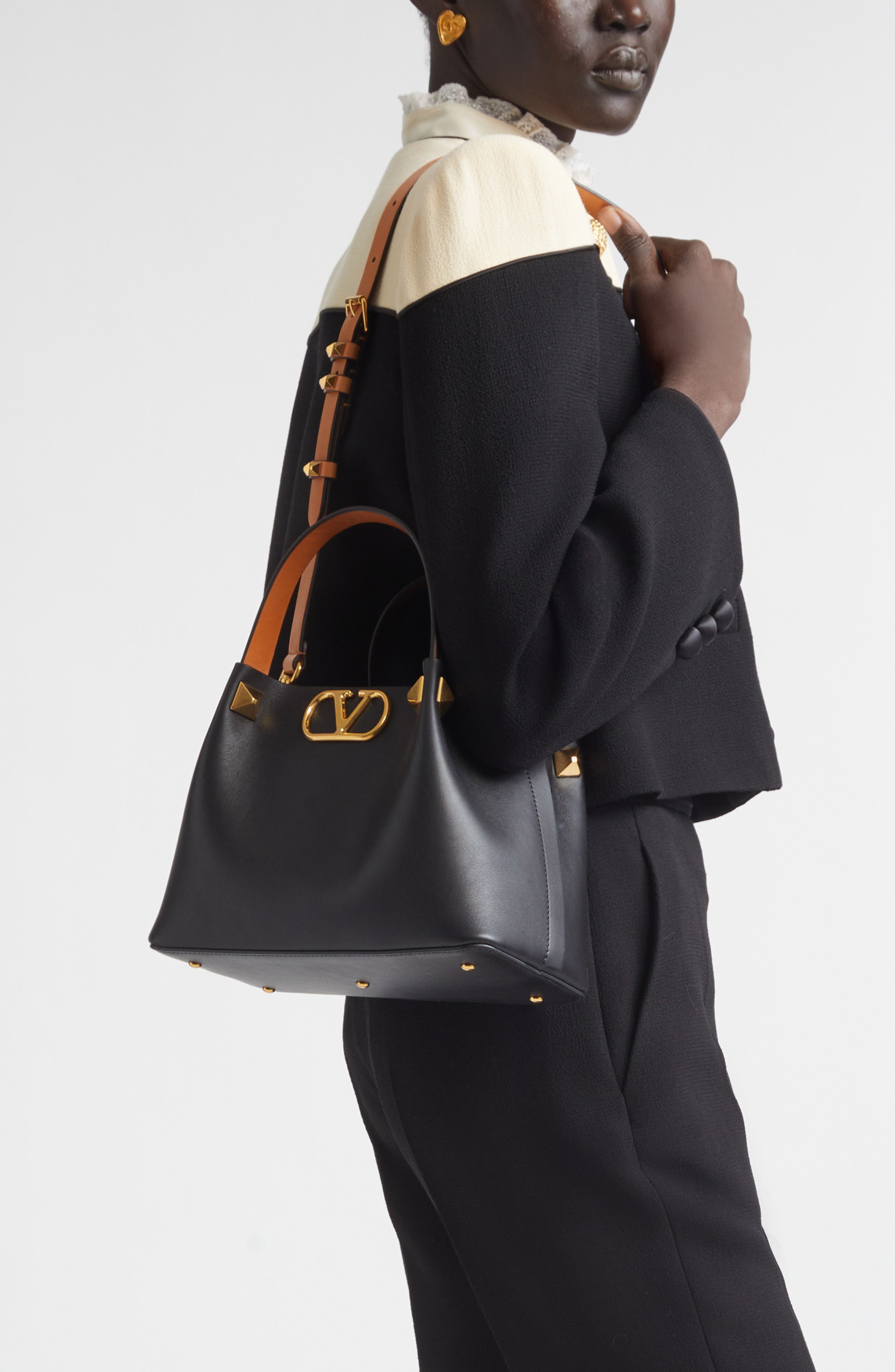 Valentino Garavani Small VLOGO Signature Top Handle Bag, Alternate, color, Black/ Camel