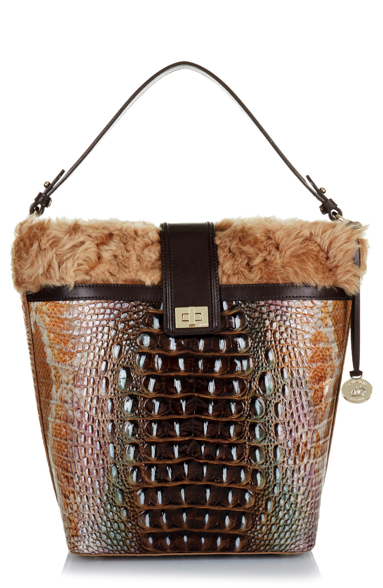 Brahmin Shira Genuine Shearling & Croc Embossed Leather Bucket Bag, Main, color, 
