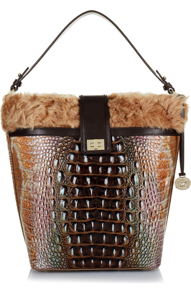 Brahmin Shira Genuine Shearling & Croc Embossed Leather Bucket Bag, Main, color,