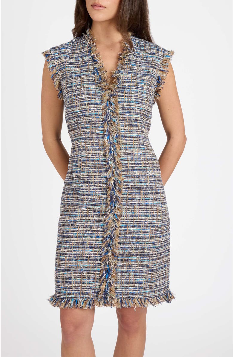 Santorelli Tuscany Cap Sleeve V-Neck Sheath Tweed Dress, Alternate, color, Indigo