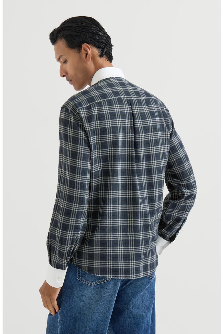 Cotton and lyocell tartan flannel shirt with contrast Italian collar and cuffs, Alternate, color, Denim