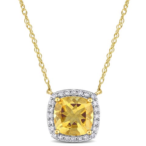 Citrine & Diamond Cushion Halo Necklace 10k