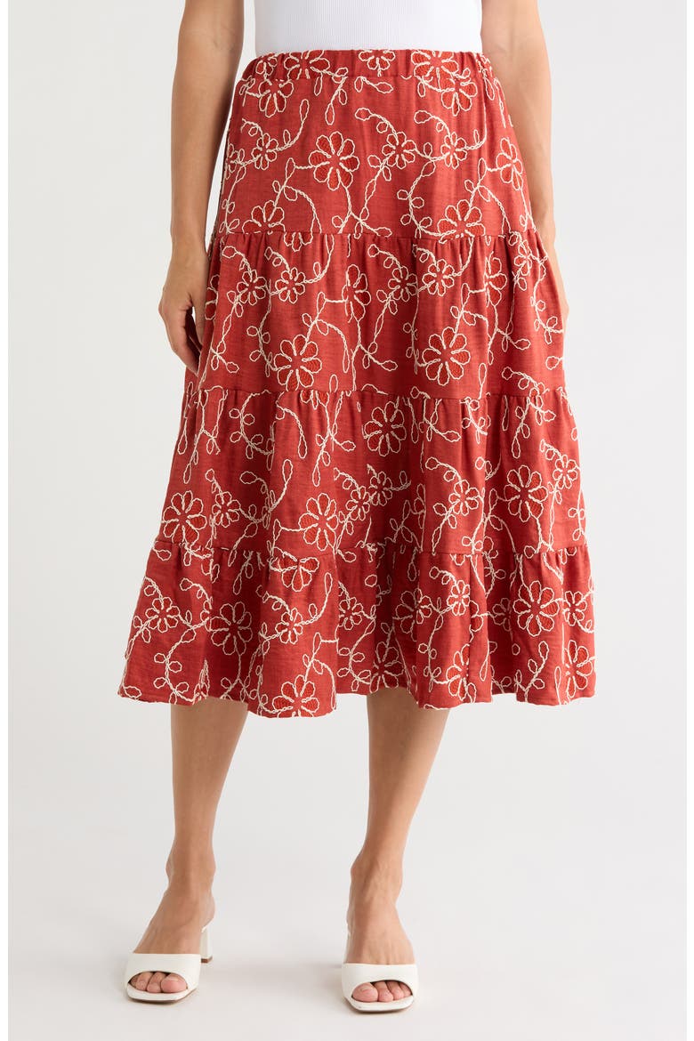 Floral Embroidered Pull-On Skirt, Main, color, RUST/ CREAM