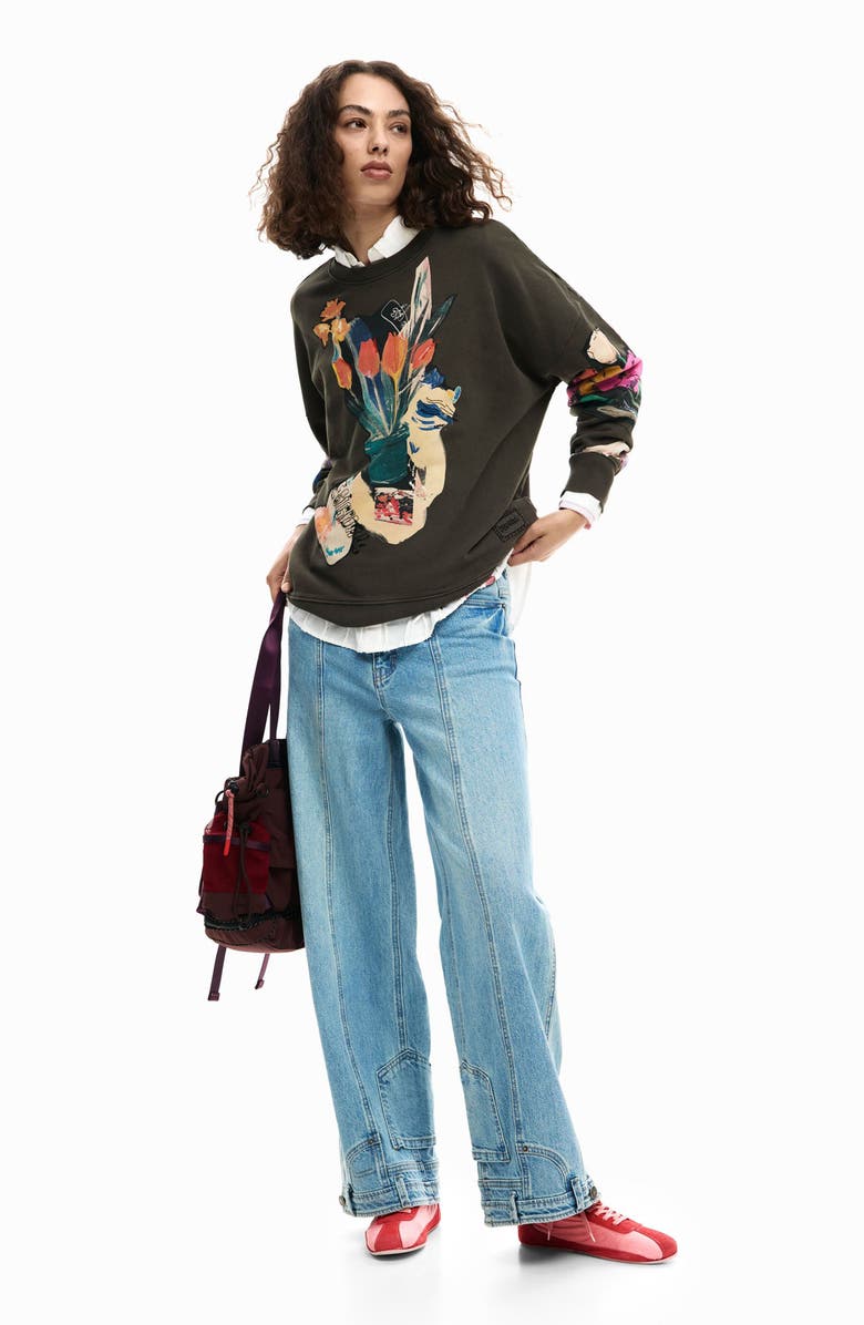 Desigual Abstract Floral Cotton Graphic Sweatshirt, Alternate, color, Dark Grey