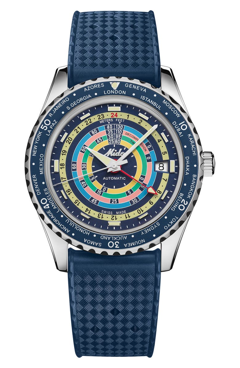MIDO Ocean Star Decompression Worldtimer Bracelet Watch & Rubber Strap Gift Set, 40.5mm, Alternate, color, Blue