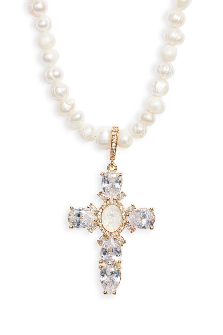 Virgin Mary Cross Pearl Necklace, Main, color, GOLD