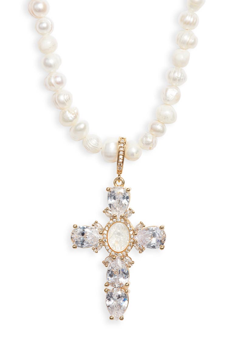 VIDAKUSH Virgin Mary Cross Pearl Necklace, Main, color, Gold