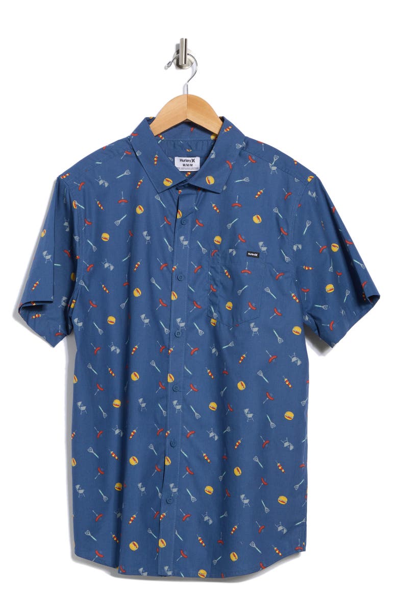 Hurley Regular Fit BBQ Short Sleeve Button-Up Shirt, Alternate, color, Blue/ Brown