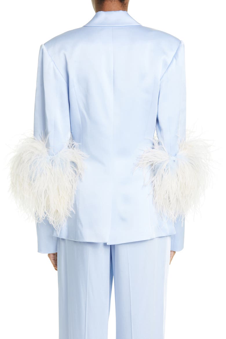 Ostrich Feather Trim Double Face Satin Blazer, Alternate, color, CELESTE