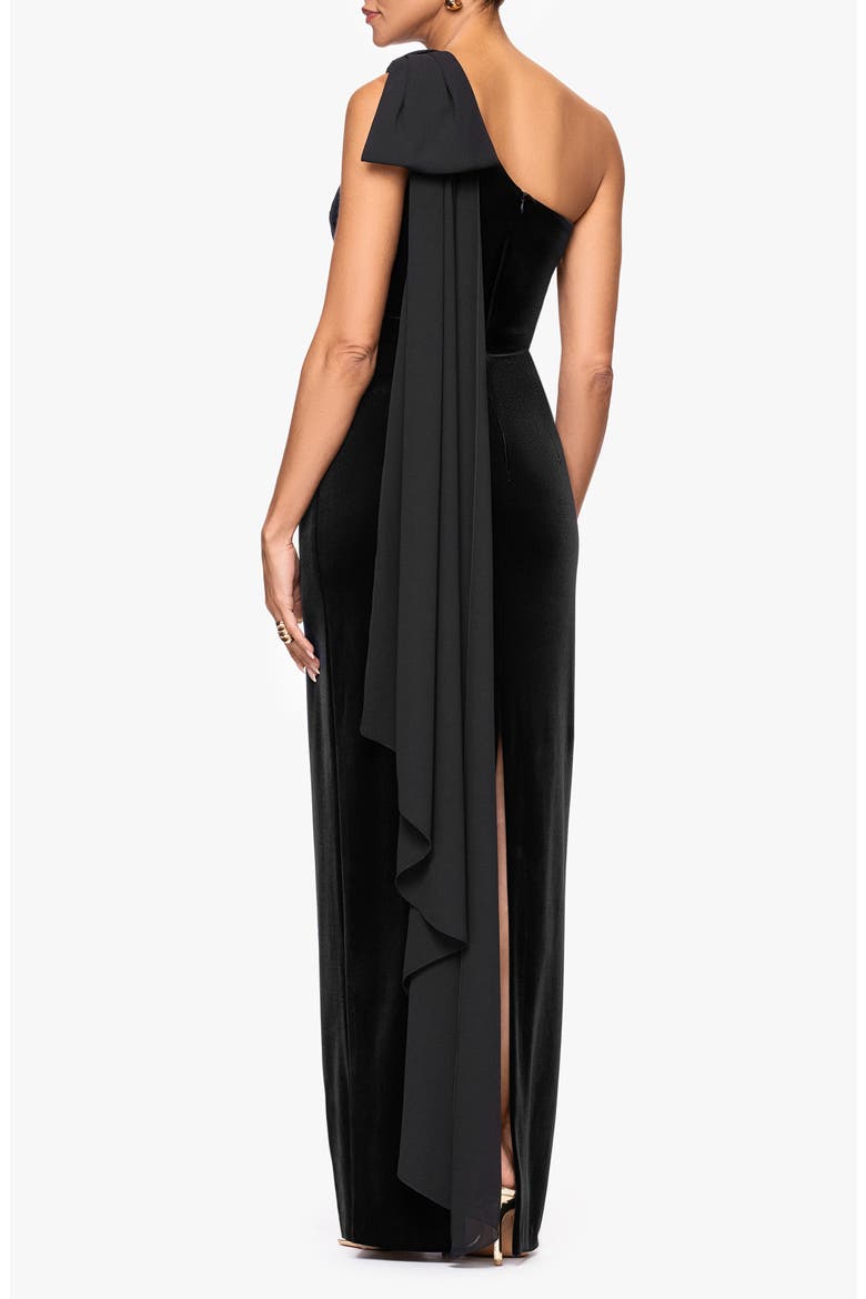 One-Shoulder Stretch Velvet Gown with Chiffon Sash, Alternate, color, BLACK