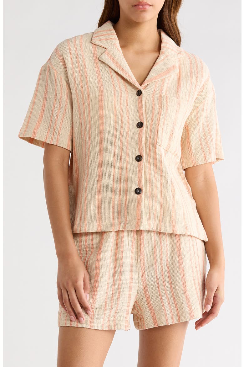 Knit Short Sleeve Button-Up Cover-Up Shirt, Main, color, CAYENNE STRIPE
