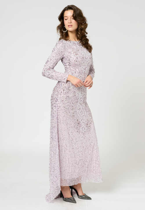 Maryisa Modest Embellished Sequin Beaded Maxi Dress With Trail