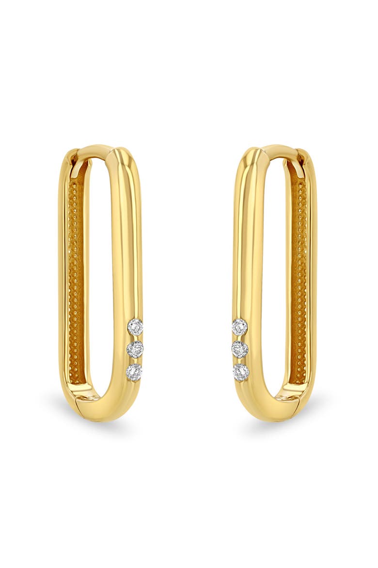 Three Diamond Oval Hoop Earrings, Main, color, 14K YELLOW GOLD