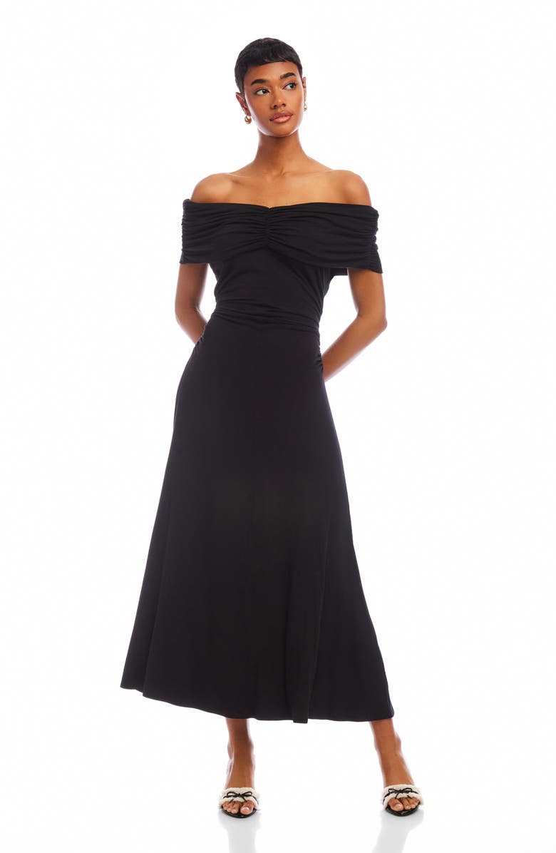 FIFTEEN TWENTY Ella Ruched Off the Shoulder Midi Dress, Alternate, color, Black