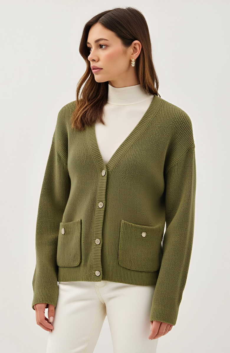 Modenaire Ribbed Button Down Cardigan, Alternate, color, Olive Green