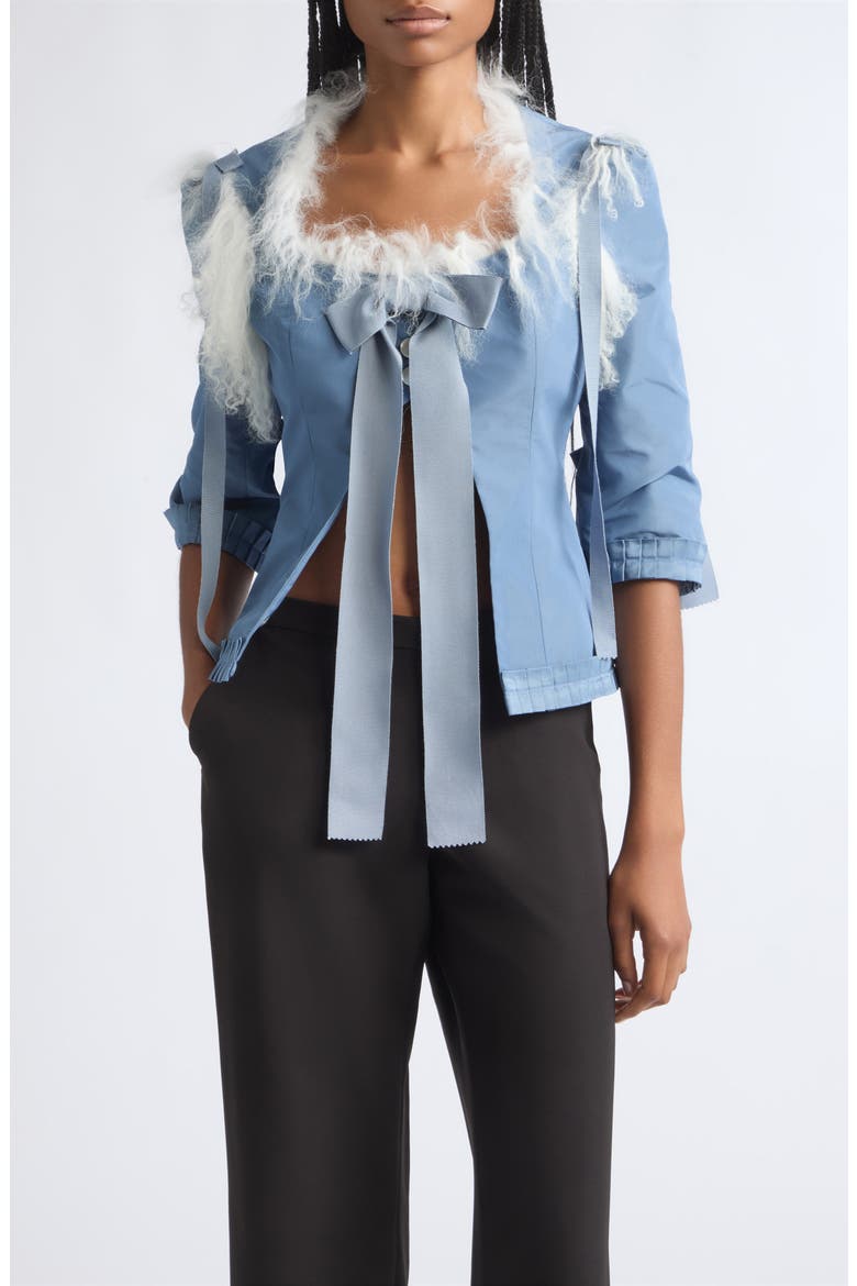 Josie Genuine Shearling Trim Taffeta Top, Main, color, BLUE