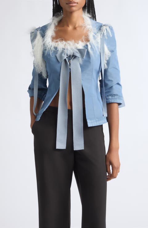 Josie Genuine Shearling Trim Taffeta Top