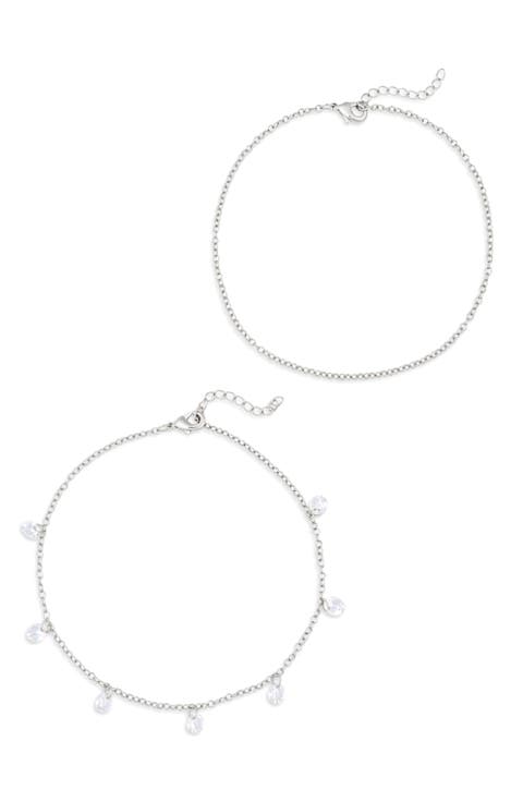 Set of 2 Cubic Zirconia Charm Anklets