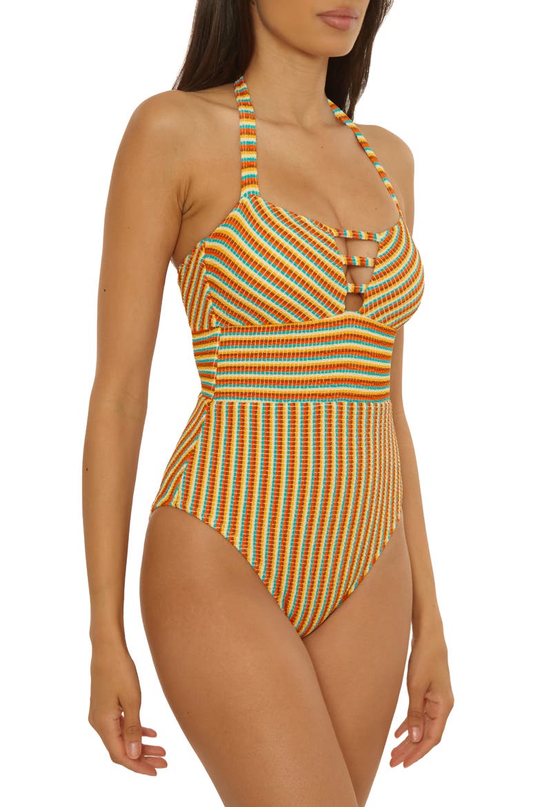 Ocean Wave Stripe Seersucker One-Piece Swimsuit, Alternate, color, RED MULTI