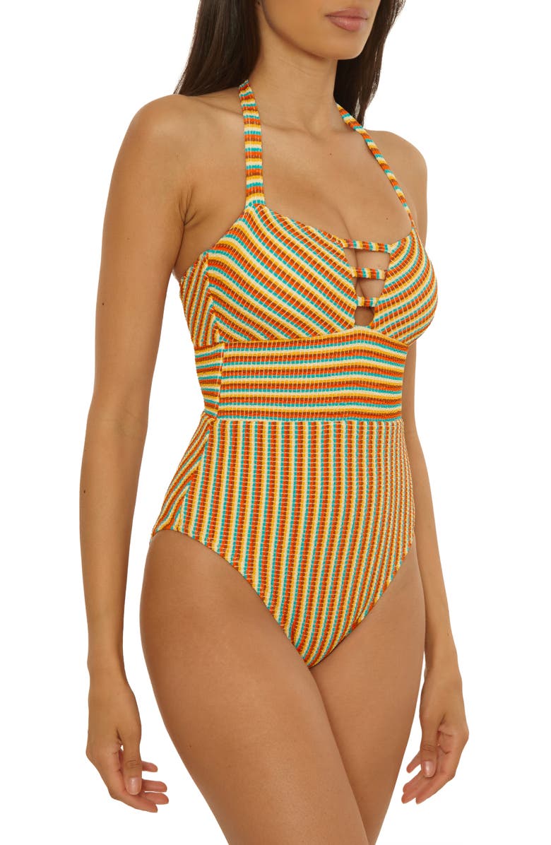 Lucky Brand Ocean Wave Stripe Seersucker One-Piece Swimsuit, Alternate, color, Red Multi