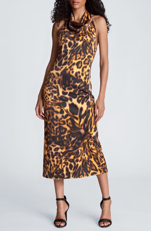 Leopard Print Satin Halter Dress