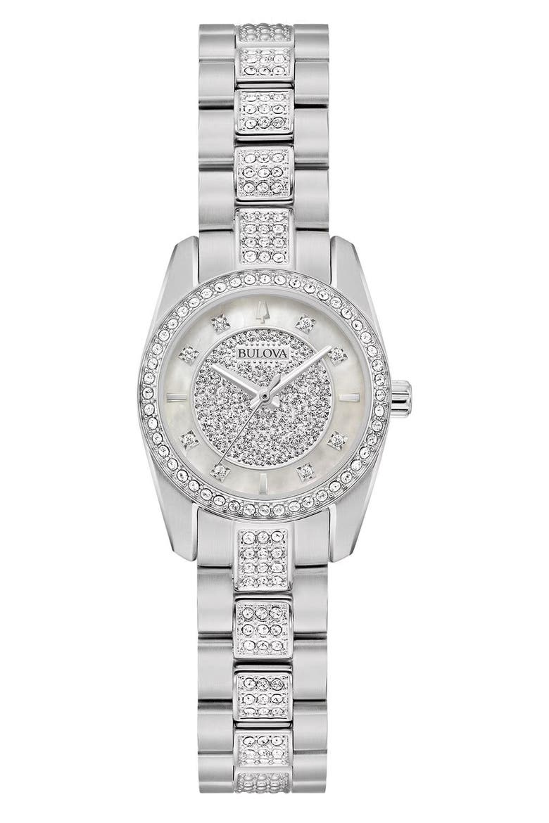 Mother-of-Pearl & Crystal Bracelet Strap Watch, 23.5mm, Main, color, SILVER
