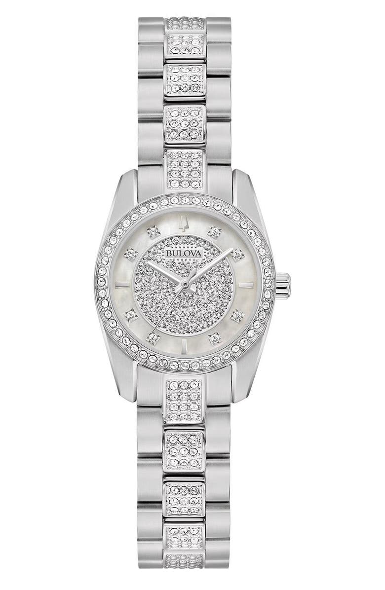 BULOVA Mother-of-Pearl & Crystal Bracelet Strap Watch, 23.5mm, Main, color, Silver