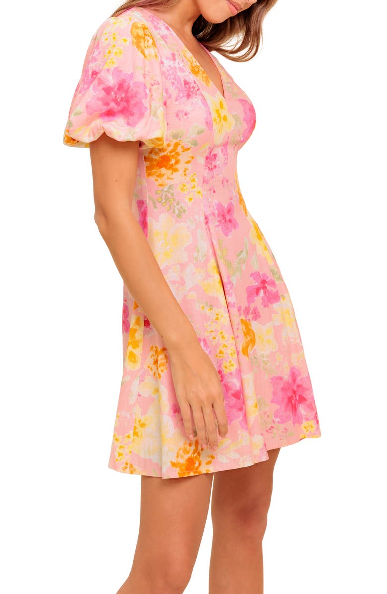 FLYING TOMATO Floral Puff Sleeve Linen Minidress, Alternate, color, 