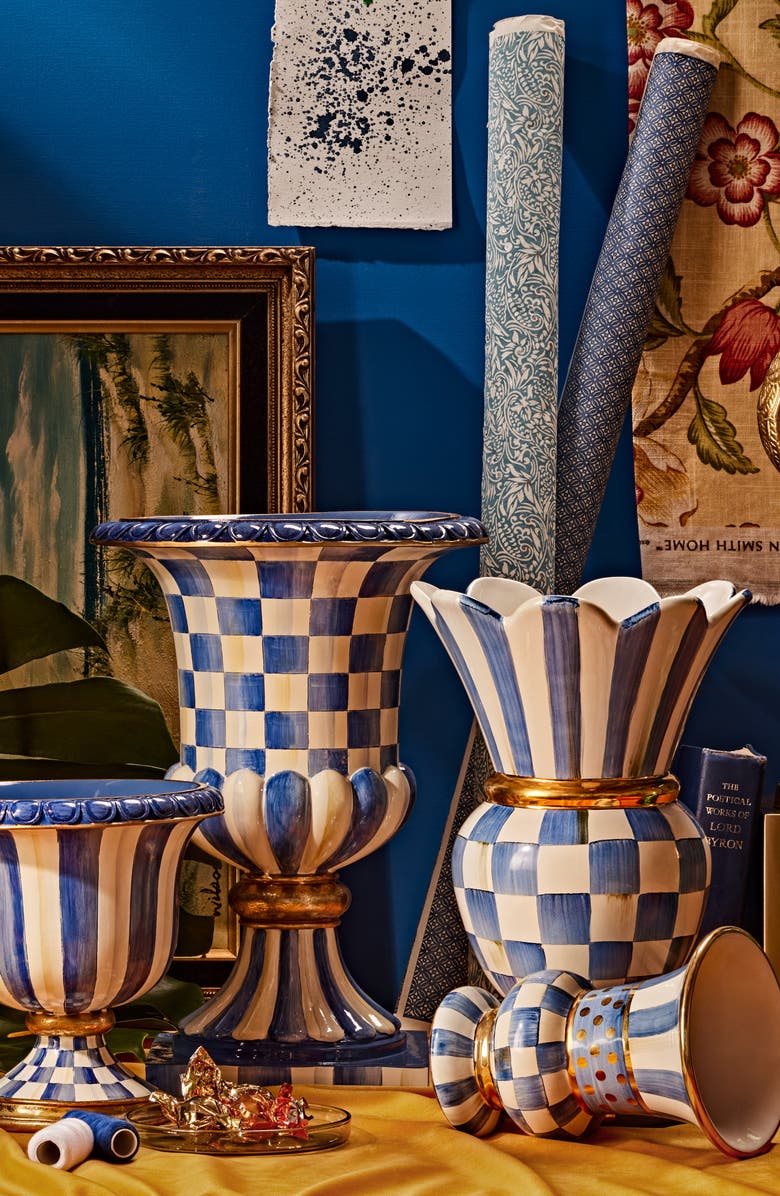 MACKENZIE CHILDS Royal Check Pedestal Tabletop Urn, Alternate, color, Blue/ White
