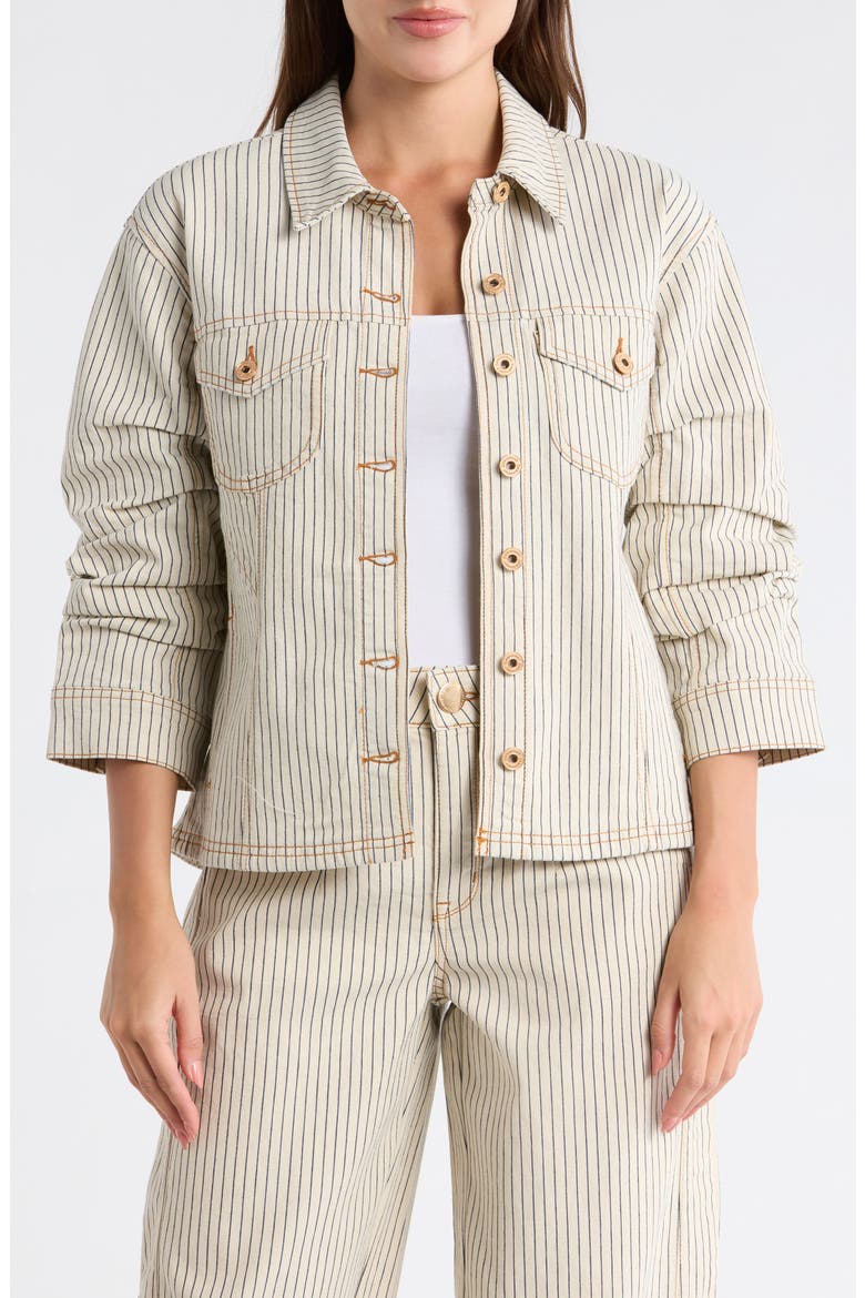 Stripe Ruched Sleeve Jacket, Main, color, BLANCHED ALMOND/NAVY