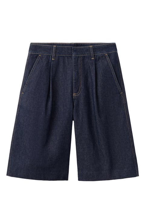 Pleated Denim Bermuda Shorts