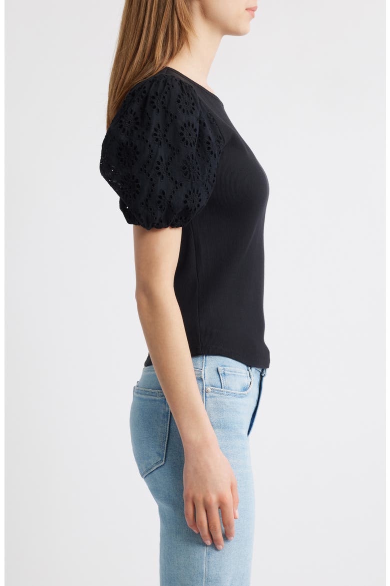 Marina Eyelet Puff Sleeve T-Shirt, Alternate, color, BLACK