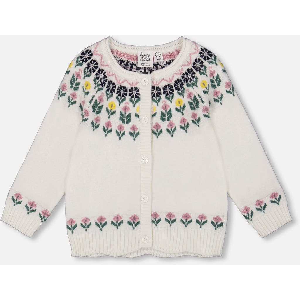Deux Par Deux Jacquard Knit Cardigan With Floral In White
