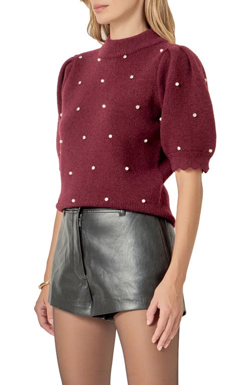 English Factory Embellished Short Sleeve Sweater In Burgundy