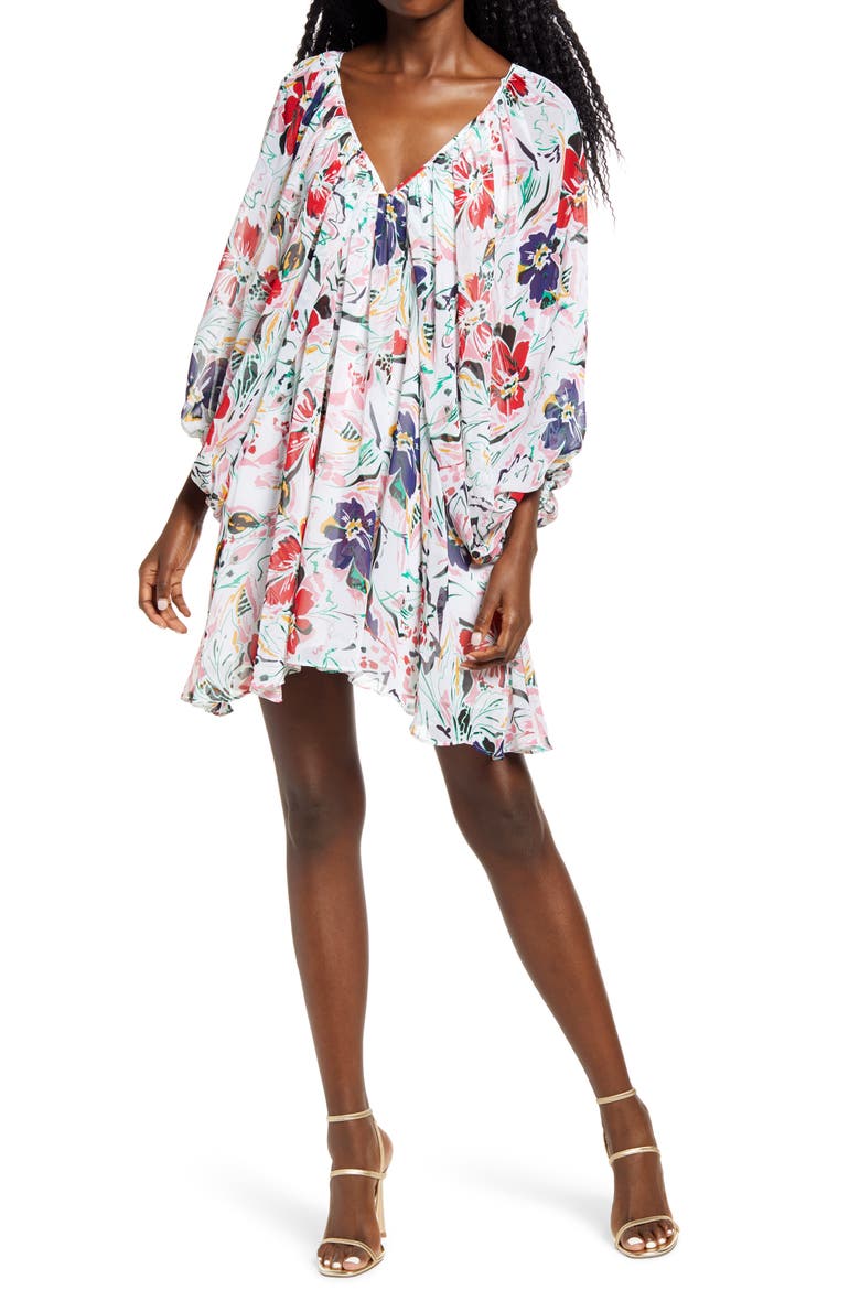 Floral Print Long Sleeve Minidress, Main, color, WHITE MULTI FLORAL
